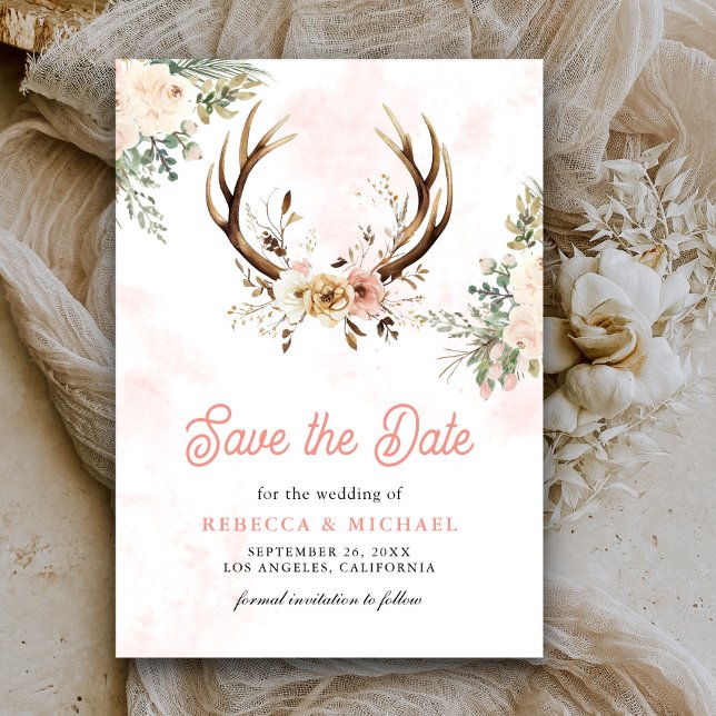 Reserve A Data Casamento Rústico Boho Rosa Floral com Galhada (Criador carregado)