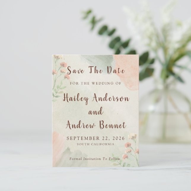 Reserve A Data Casamento Rústico com Aquarela em Tons de Pêssego  (Em pé/Frente)