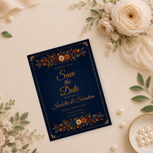 Reserve A Data Casamento Rústico de Outono no Azul Marinho
