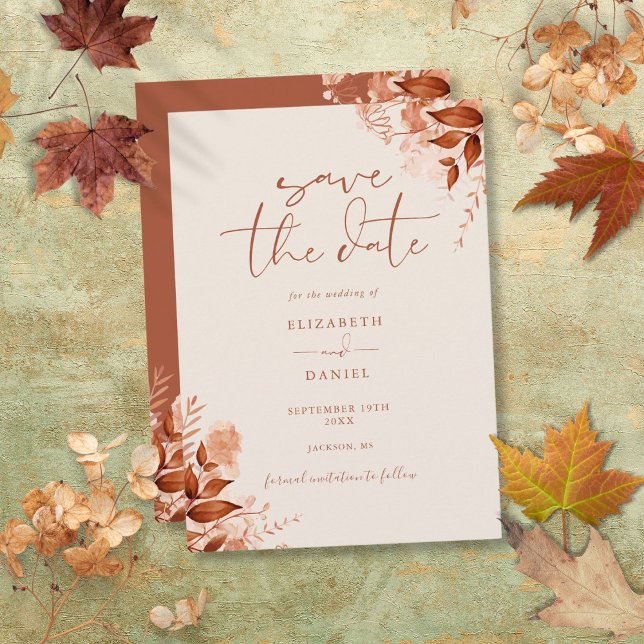 Reserve A Data Casamento Rústico Floral de Outono em Letra de For (Autumn Fall Rustic Floral Script Wedding Save The Date)