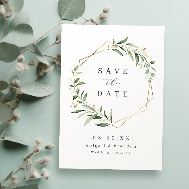 Reserve A Data Casamento Rústico Geométrico com Verdura Moderna D (Modern Greenery Gold Geometric Rustic Wedding Save The Date)