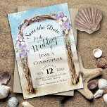 Reserve A Data Casamento Rústico Rústico Rústico Roxo Arbor Praia<br><div class="desc">Este belo cartão de data é perfeito para um casamento de destino. Ele apresenta um design tipográfico com um roteiro de lacy calliografia dentro a watercolor d'água driftwood Beach arbor enfeitado com lavandas roxas e flores brancas. Há espaço para seus nomes,  data e local do casamento.</div>