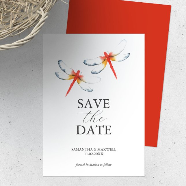 Reserve A Data Casamento Salve A Data Dragonfly Vermelha (Wedding theme red dragonfly Save the date invitation Victoria Grigaliunas Florida watercolor artist)