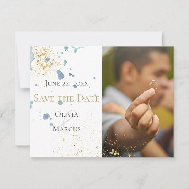 Reserve A Data CASAMENTO | Salve a data PHOTO Blue Splatters (Frente)
