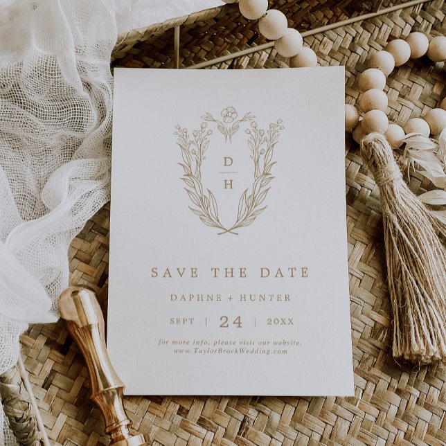 Reserve A Data Casamento Simples Boho Boho, Paixão Branco Dourado (DAPHNE Classy Gold White Crest Boho Simple Wedding Save The Date)