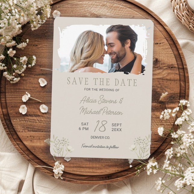 Reserve A Data Casamento simples boho flores silvestres foto bege (Criador carregado)