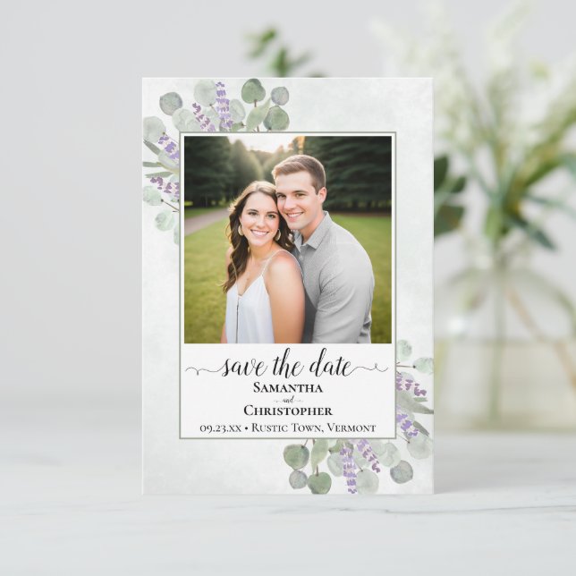 Reserve A Data Casamento Simples com Eucalipto Rústico & Lavanda  (Em pé/Frente)