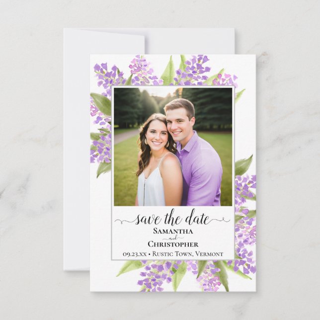 Reserve A Data Casamento Simples de Aquarela Rústica Lilases & Fo (Frente)