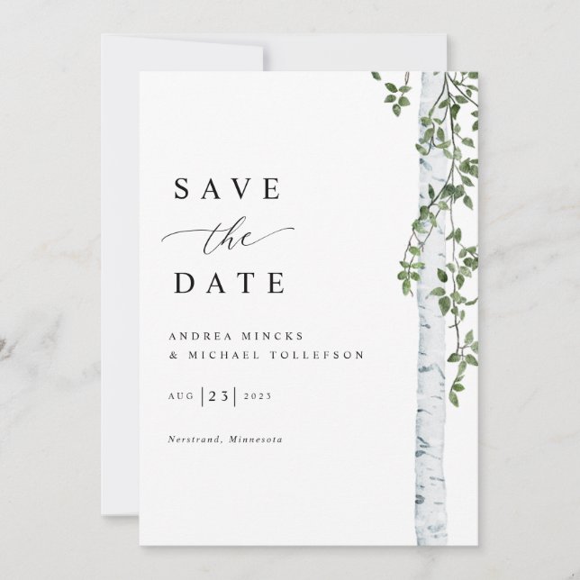 Reserve A Data Casamento Simples de Árvore de Bétula (Frente)