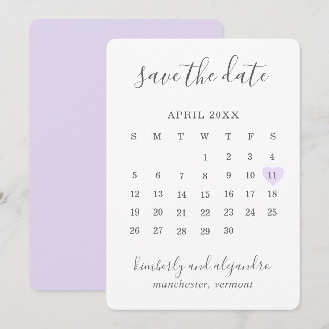 Reserve A Data Casamento Simples De Coração Púrpura Calender (Frente/Verso)