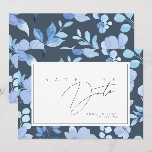 Reserve A Data Casamento Simples de Flores Silvestres Azuis (Frente/Verso)