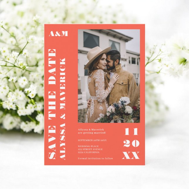 Reserve A Data Casamento simples de laranja branco e legado 2 fot (Elegant Bold simple white orange 2 photos wedding Save The Date)