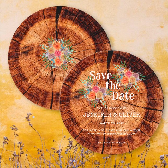 Reserve A Data Casamento Simples De Latido De Árvore De Madeira F (Front/Back)