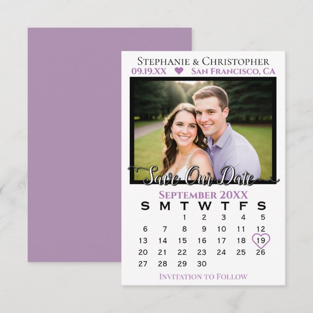 Reserve A Data Casamento Simples de Lavanda e Branco com Calendár (Frente/Verso)