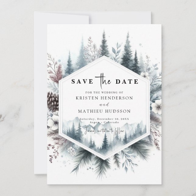 Reserve A Data Casamento Simples De Montanha De Aquarela (Frente)
