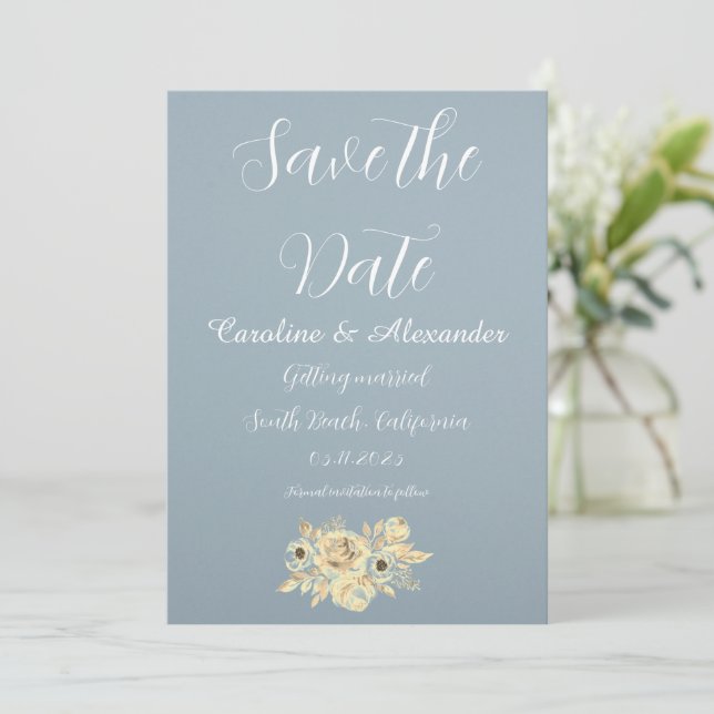 Reserve A Data Casamento Simples de Rico Boho com Elegante Azul D (Em pé/Frente)