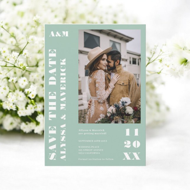 Reserve A Data Casamento simples de sábio verde Elegante 2 fotos (Elegant Bold simple sage green 2 photos wedding Save The Date)