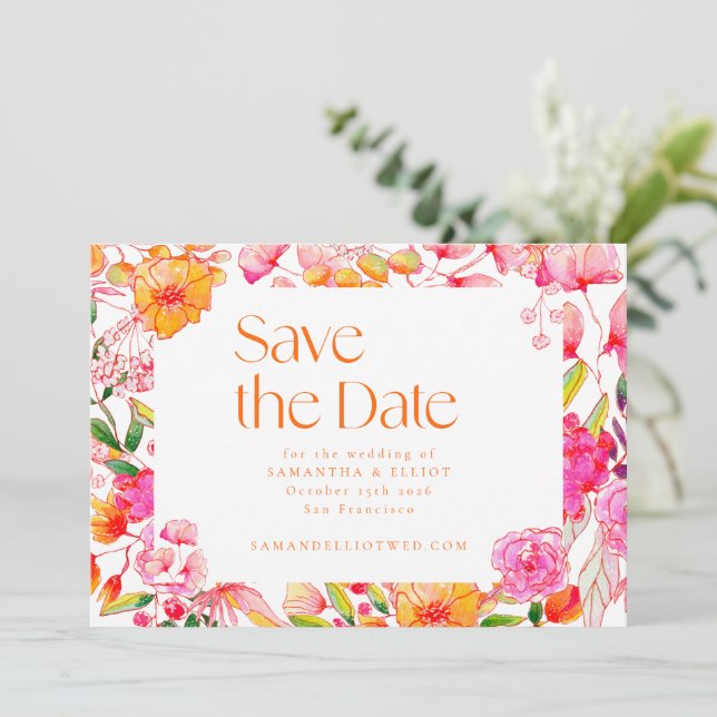 Reserve A Data Casamento Simples Flores Laranja Rosa Moderna (Em pé/Frente)
