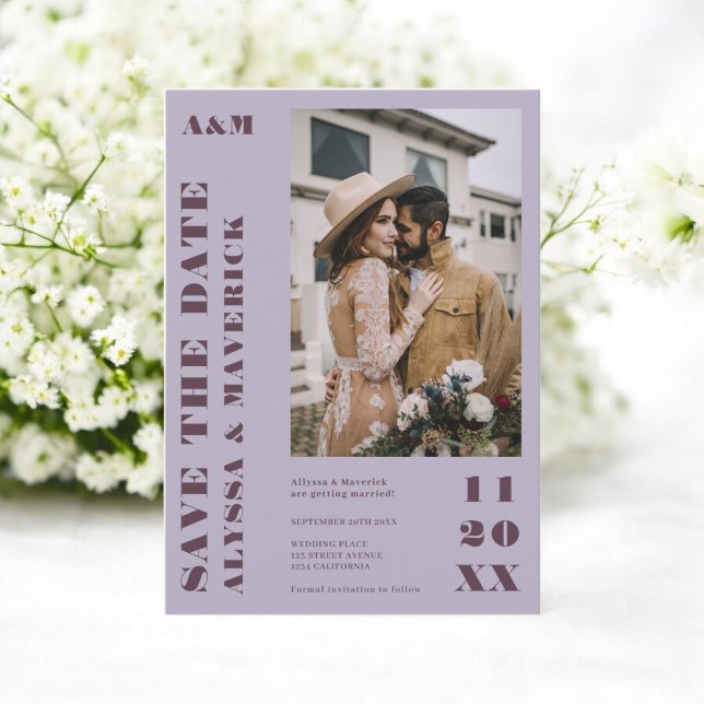 Reserve A Data Casamento simples lilás roxo 2 fotos Elegante Bold (Elegant Bold simple lilac purple 2 photos wedding Save The Date)
