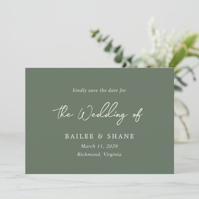 Reserve A Data Casamento Simples Moderno em Verde Oliva (Em pé/Frente)