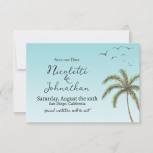 Reserve A Data Casamento Simples na Praia com Palmeira e Pássaros