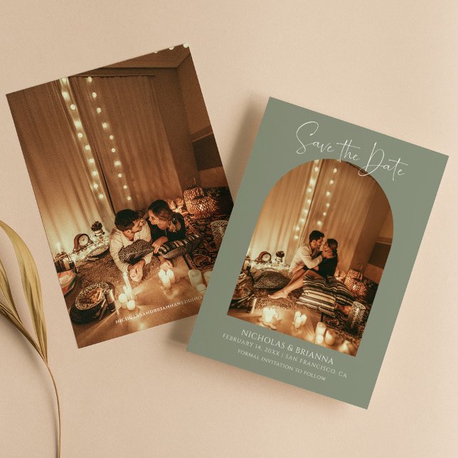 Reserve A Data Casamento Simples Verde do Arch Moderno Foto Sage  (Criador carregado)