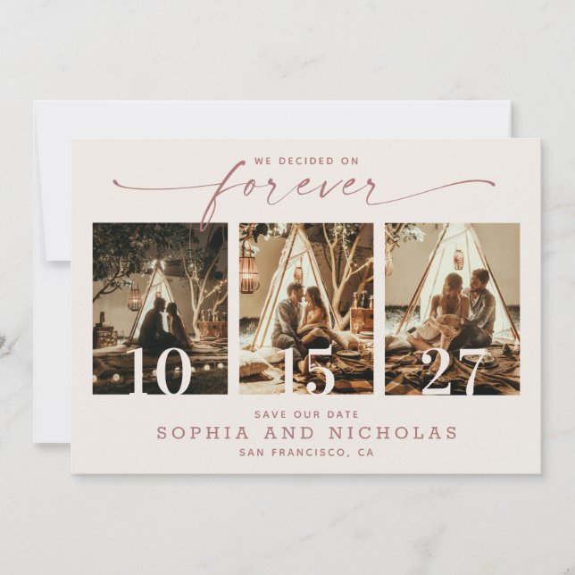 Reserve A Data Casamento Sofisticado Marfim | Três Fotos Moderno (Frente)