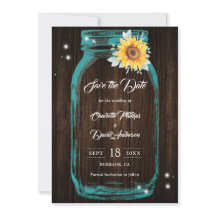 Casamento Teal Rustic Wood Mason Jar Sunflower