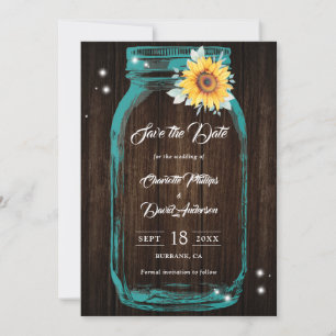 Reserve A Data Casamento Teal Rustic Wood Mason Jar Sunflower