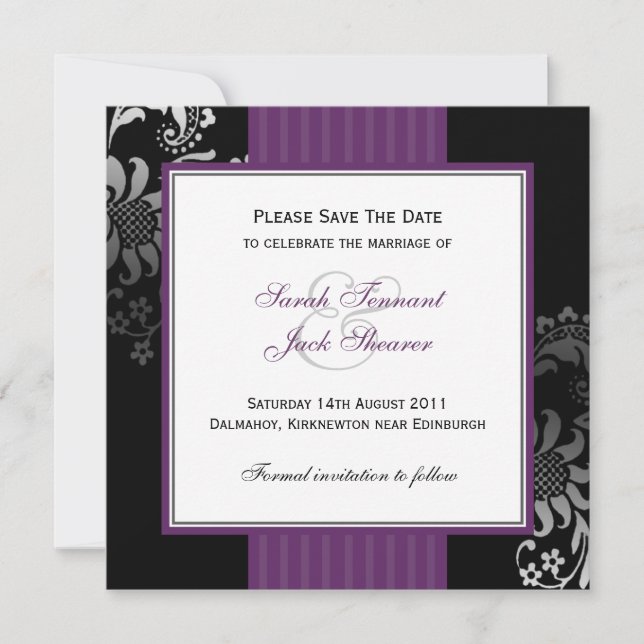 Reserve A Data Casamento tema damasco Roxo e Preto Salvar a Data (Frente)