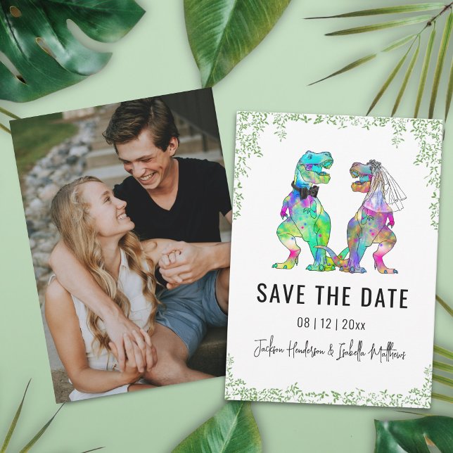 Reserve A Data Casamento Temático de Dinossauro Foto de Salvar a  (Funny colorful watercolor dinosaur theme wedding save the date photo card Modern trendy script)