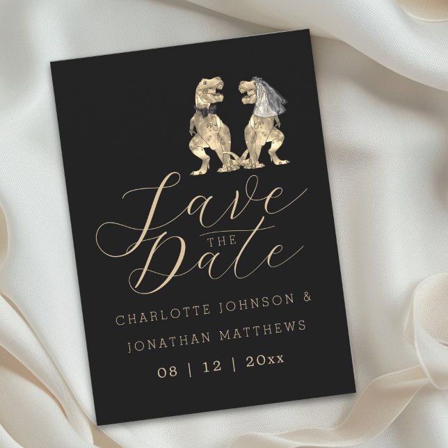Reserve A Data Casamento Temático de Dinossauros (Elegant dinosaur theme wedding save the date invitation Funny jurassic T-Rex bride & groom)