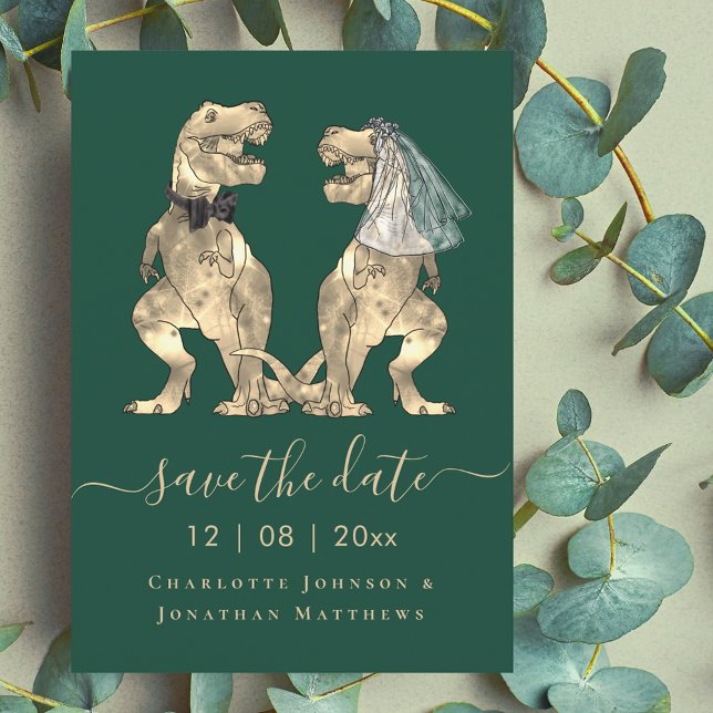 Reserve A Data Casamento Temático de Dinossauros (Funny dinosaur wedding save the date T-Rex bride and groom dino elegant script Dark green invitation)