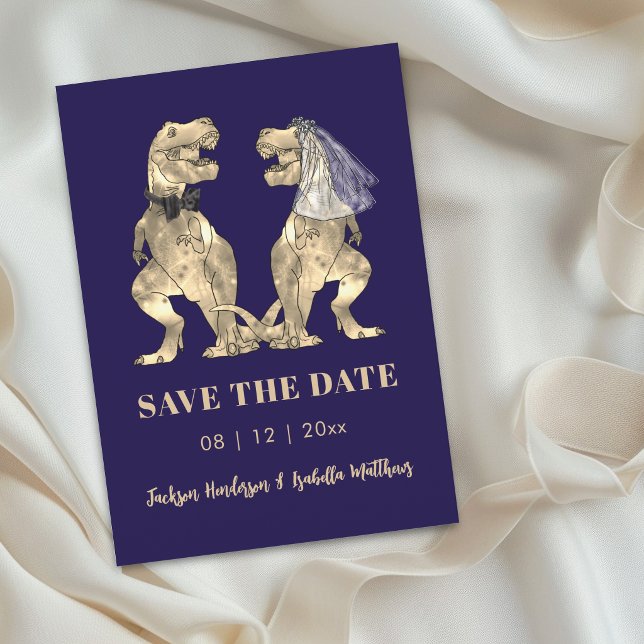 Reserve A Data Casamento Temático de Dinossauros em Azul Marinho (Funny dinosaur theme navy blue wedding save the date card )