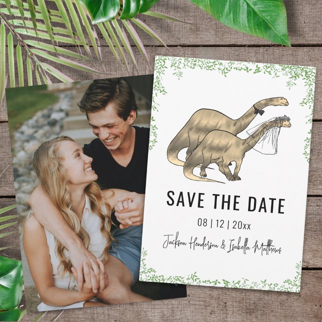 Reserve A Data Casamento Temático de Dinossauros Foto Save The Da (Colorful brontosaurus bride and groom dinosaur wedding photo save the date card Watercolor greenery)