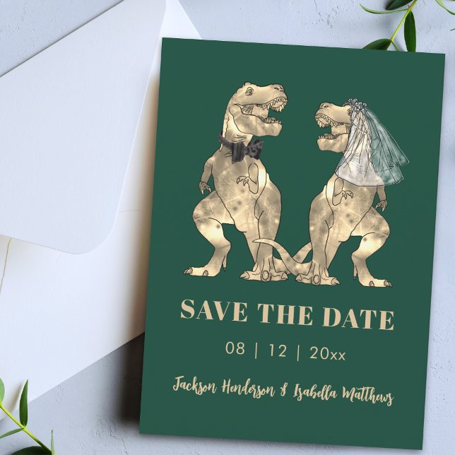 Reserve A Data Casamento Temático de Dinossauros Verde (Simple funny dinosaur wedding save the date emerald green card)