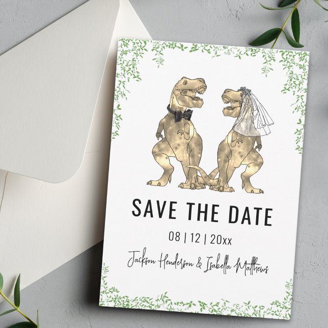 Reserve A Data Casamento Temático de Dinossauros Verde  (Funny dinosaur T-Rex bride and groom green foliage wedding save the date card)
