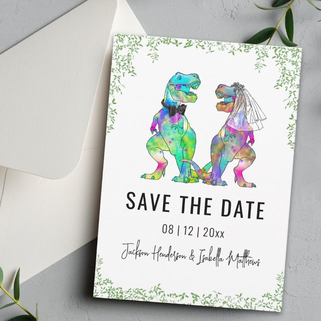 Reserve A Data Casamento Temático de Dinossauros Verde  (Funny colorful T-Rex bride and groom Dinosaur wedding save the date card Watercolor foliage)