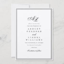 Reserve A Data Casamento Tradicional Branco e Preto do Monograma