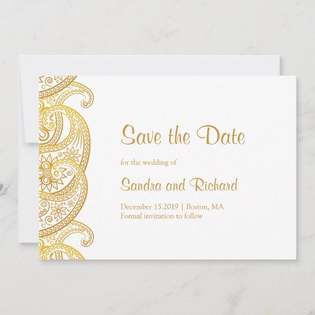 Reserve A Data Casamento Tradicional Indiano com Paisley Dourado (Frente)