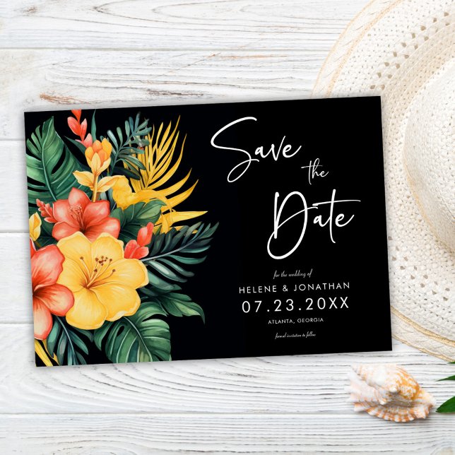 Reserve A Data Casamento Tropical Botânica Preta Floral (Floral Black Botanical Tropical Wedding Save The Date)