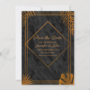 Reserve A Data Casamento Tropical com Folhas Douradas e Frame Geo