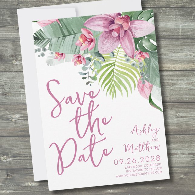 Reserve A Data Casamento Tropical de Orquídea Flor (Purple Orchid Foliage Floral Tropical Wedding Save The Date)