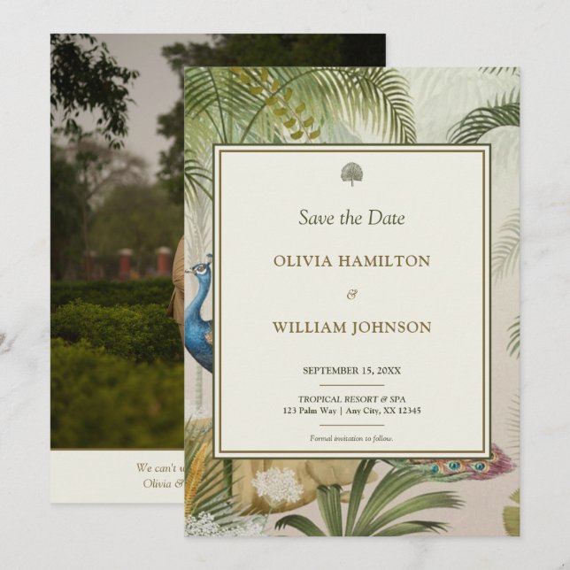 Reserve A Data Casamento Tropical de Palm Peacock 5x7 (Frente/Verso)