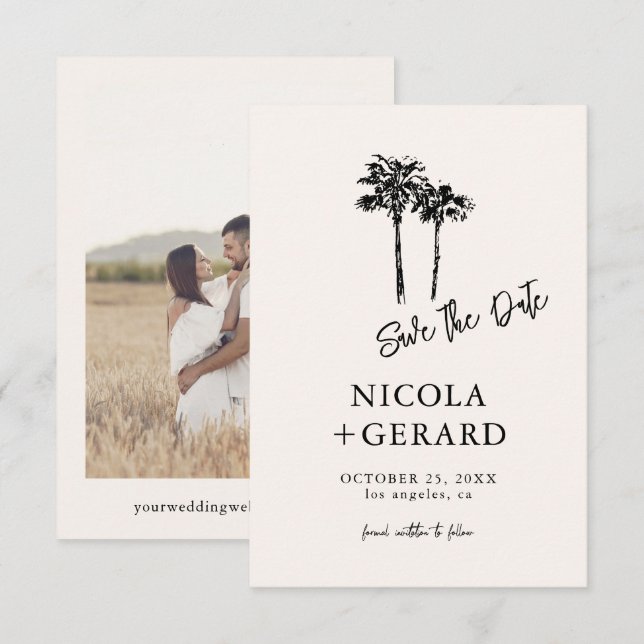 Reserve A Data Casamento Tropical de Palmeiras Desenhadas à Mão (Frente/Verso)