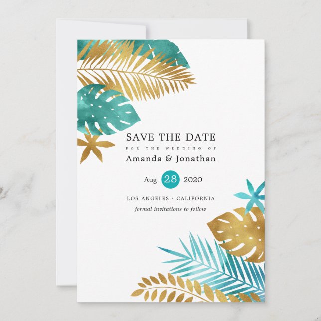 Reserve A Data Casamento Tropical de Teal e Folha de Ouro (Frente)