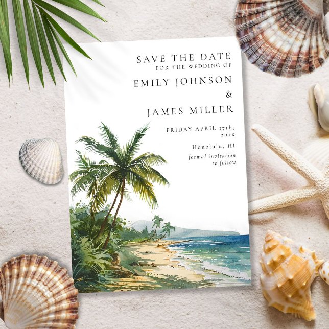 Reserve A Data Casamento Tropical Moderno de Aquarela na Praia de (Modern Watercolor Tropical Palm Beach Wedding Save The Date)