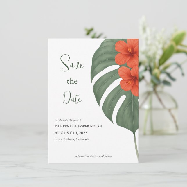 Reserve A Data Casamento Tropical Monstera & Hibiscus (Em pé/Frente)