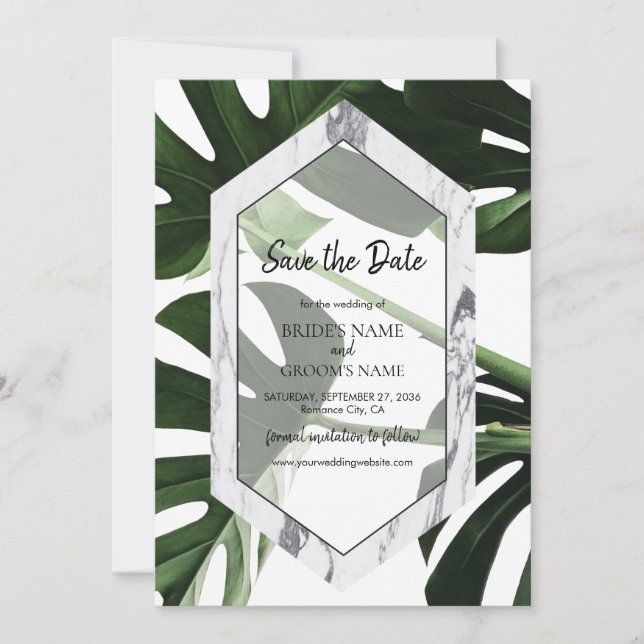 Reserve A Data Casamento Tropical Monstera Marble (Frente)