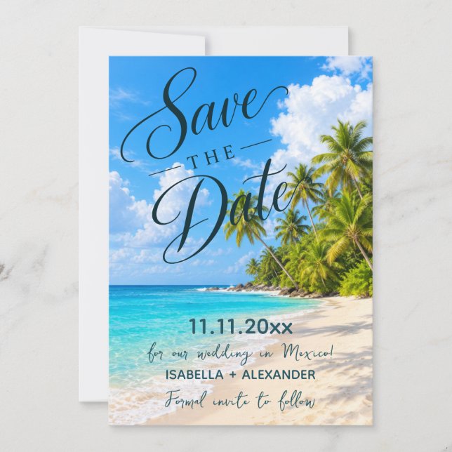 Reserve A Data Casamento Tropical na Praia Salve a Data (Frente)